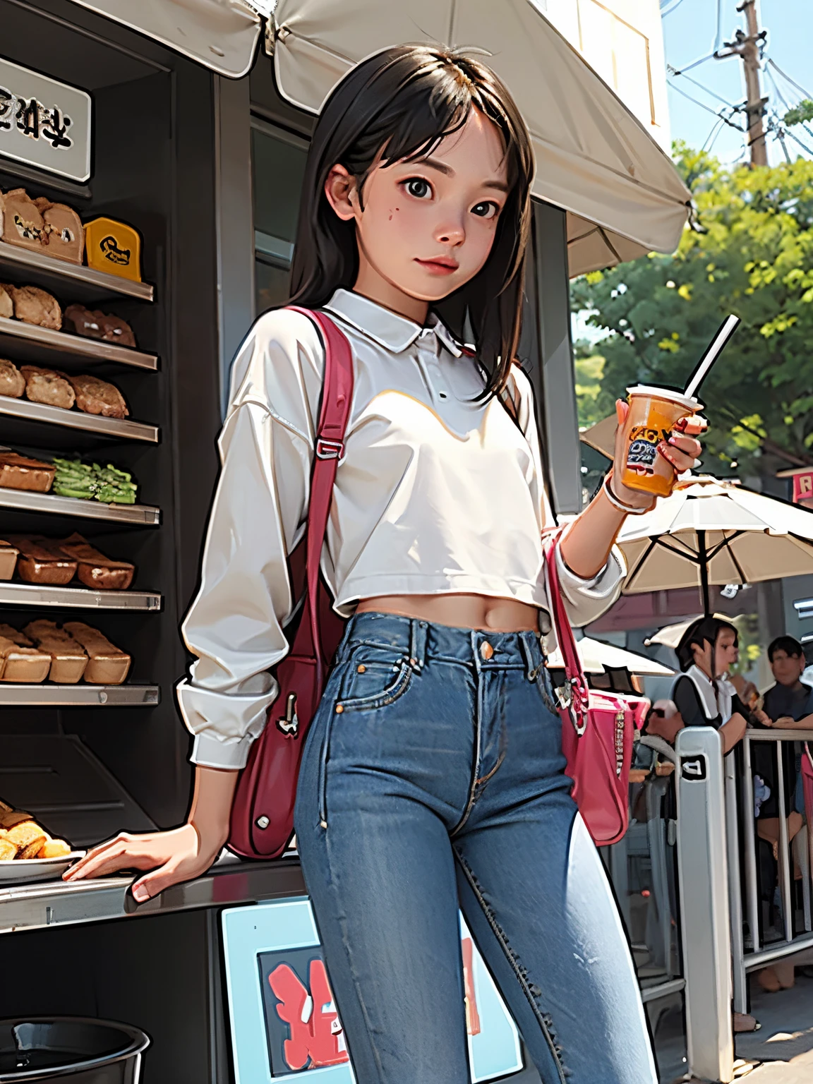 Pretty girl，In front of the barbecue stand，beats，Hold it in one hand，Hold milk tea in the other hand，Wear tight-fitting clothes with a bateau collar，wearing a denim pants，Daddy shoes