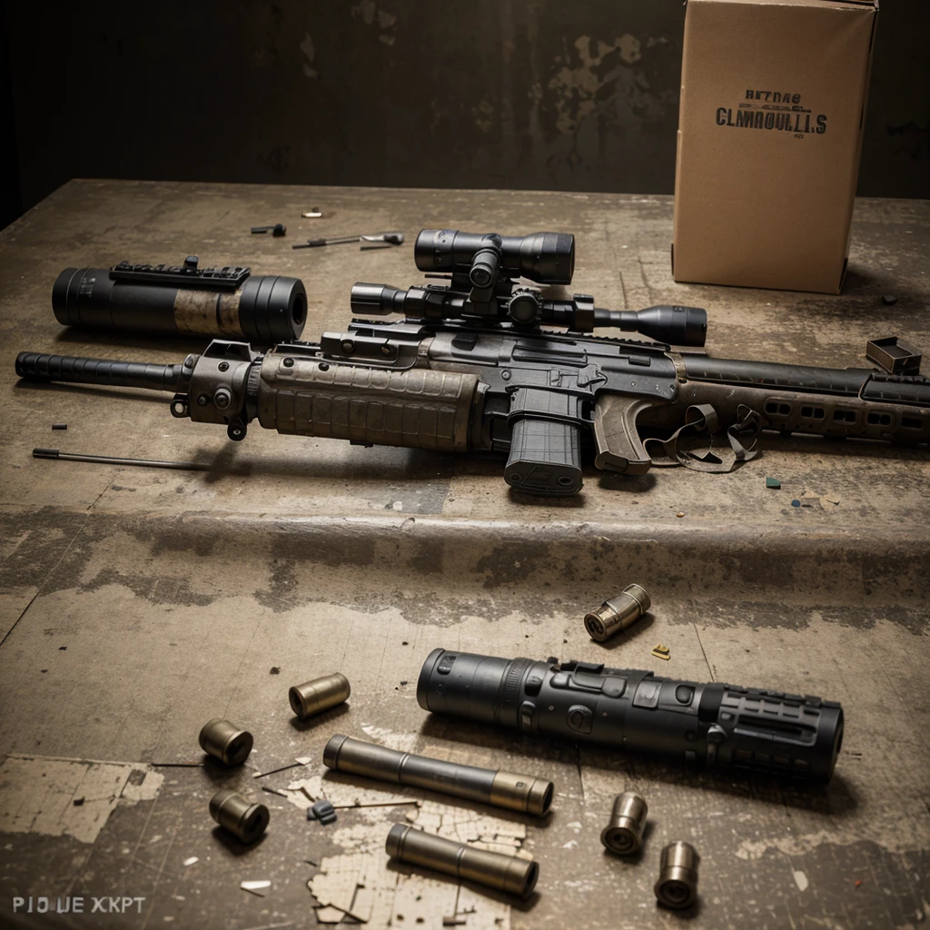 Unassembled m16 gun components, natural details, cinematic, slightly peeling paint, on the table there are some bullets, very real, very high resolution