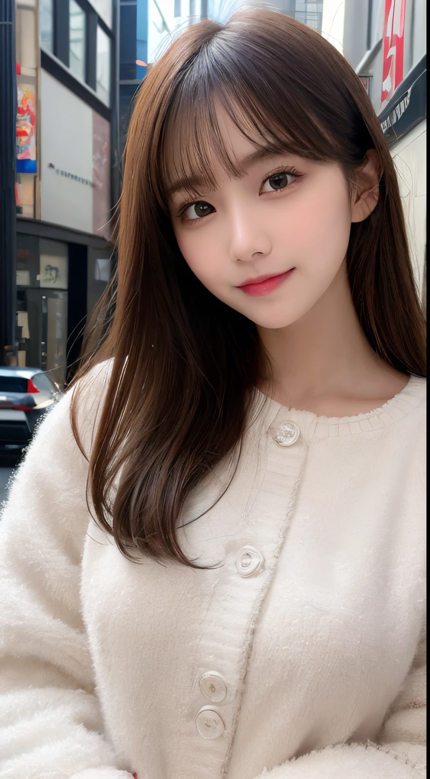 masutepiece, Best Quality, Illustration, Ultra-detailed, finely detail, hight resolution, 8K Wallpaper, Perfect dynamic composition, Beautiful detailed eyes, fluffy winter clothes,Medium Hair,Small breasts natural color lip, Bold sexy poses,Smile,Harajuku、20 years girl、Cute、Sexy shot looking at camera,Blur the background,Perfect and beautiful face,Take only the face,beautiful and detailed face