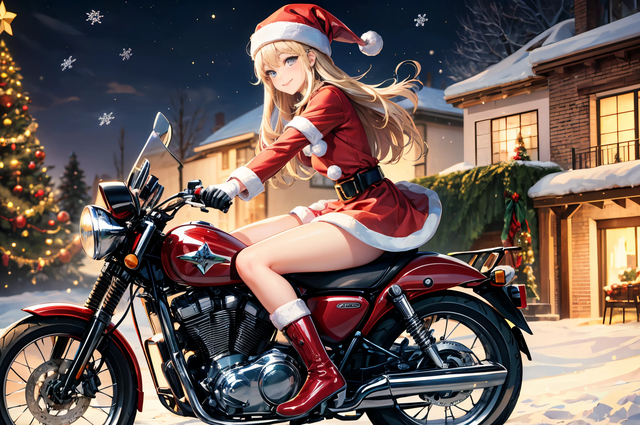 (absurdres, highres, ultra detailed, high resolution:1.1), 1girl, solo, kawaii, smile, medium breasts, blonde hair, long hair, blue eyes, santa, red beret, white collar, red gloves, red dress, red boots, santa girl costume, christmas, holy night, christmas decorations, christmas night, snow falling, snowy scene, ((santa girl riding a motorcycle to hand out christmas presents)), nice hands, perfect hands,