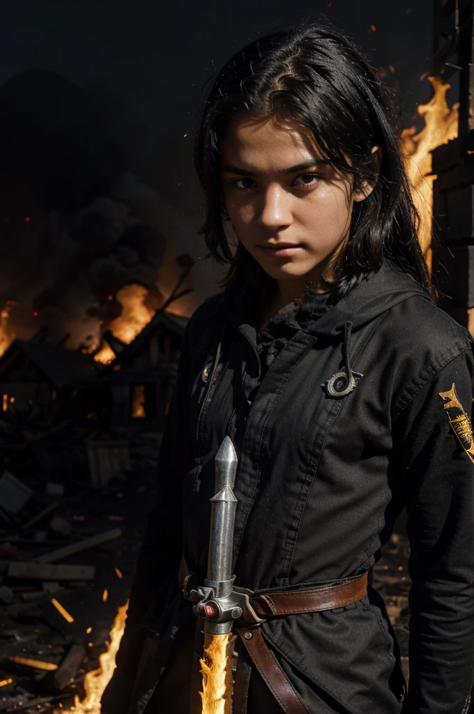 Character Kentarion 16 years old, boy, black hair, fire sword, setting: village destroyed, houses on fire. black creatures, shadow specters, amber eyes, Conceptual art, cinematic lighting, drop shadow, diffraction spikes, Ultra-Wide Angle, Hasselblad, UHD, masterpiece, anatomically correct, 1080P, 4K, 8k, best quality