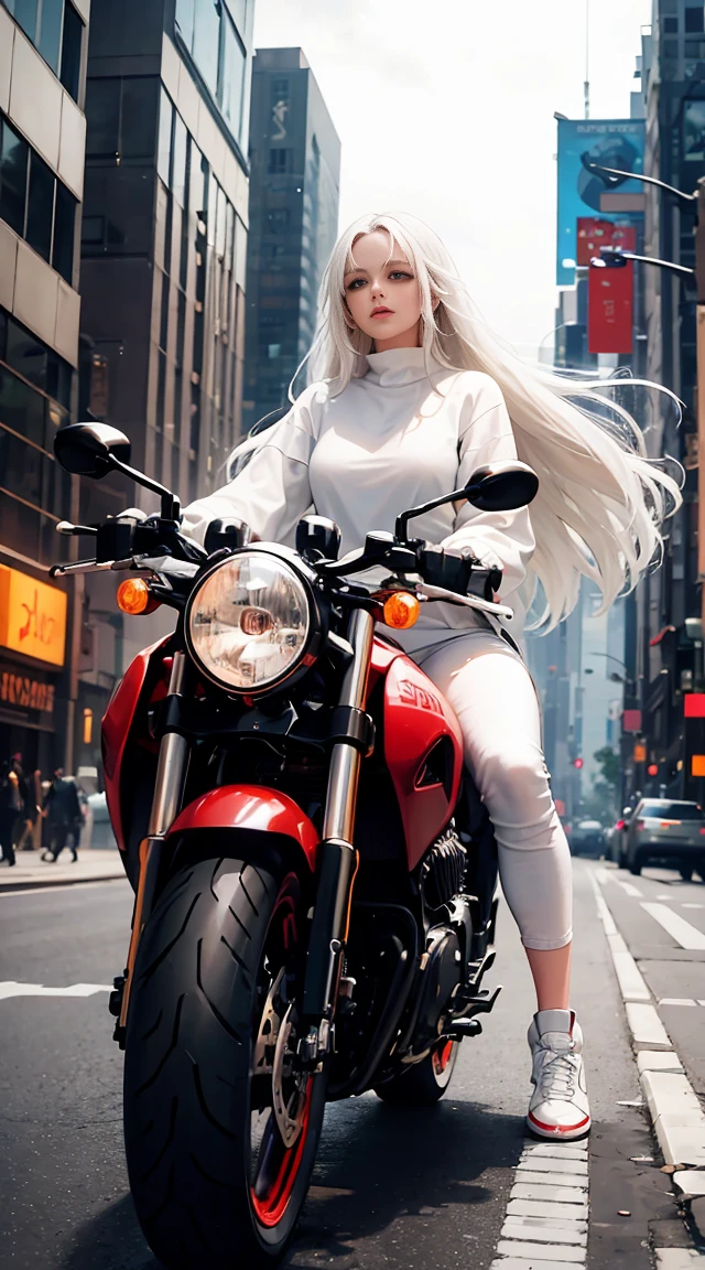 sleeve, wallpaper, hd, beautiful image, woman, long straight white hair, big brown eyes, riding a motorcycle, white clothes with red detail, white sweatshirt, white pants, black shoes, facing, big rainy city