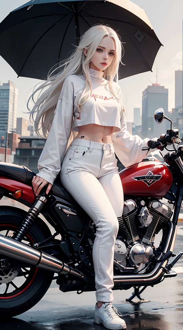 sleeve, wallpaper, hd, beautiful image, woman, long straight white hair, big brown eyes, riding a motorcycle, white clothes with red detail, white sweatshirt, white pants, black shoes, facing, big rainy city