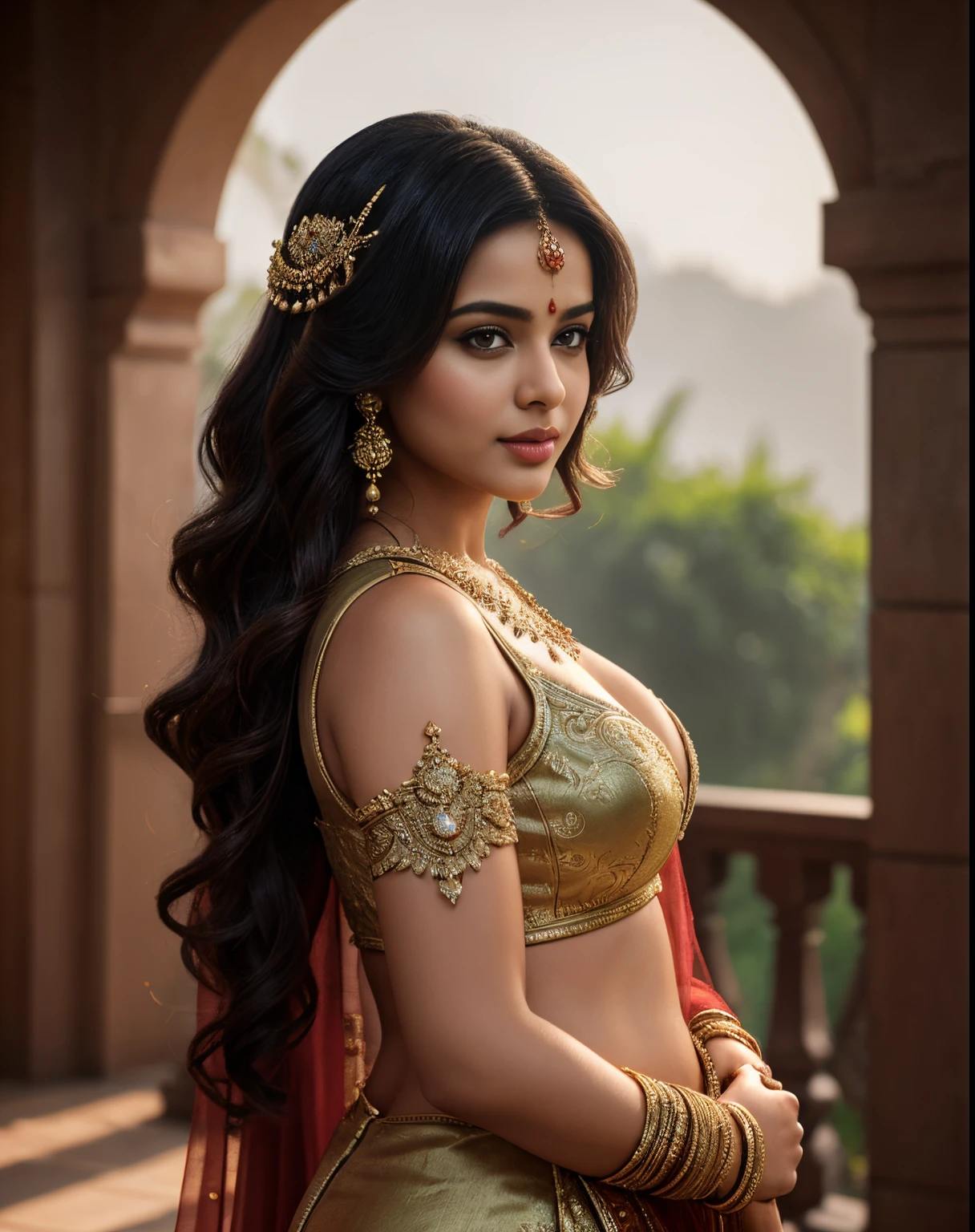(masterpiece portrait photography:1.3) of a (solo:1.3) ravishing alluring curvy chubby arabian princess woman Aishwarya Nair ,posing in a ornate arabian garden, wearing nikaab, cape & sheer harem pants, navel, (ravishing wavy backlit hair), cinematic , lustful glance, (deep intricate eyes:1.assionate expression:1.3) dramatic lighting, depth of field, backlit, light rays, highly detailed, trending on artstation, paint splashes, rich colour, mythological portrait, by Guweiz & greg rutkowski