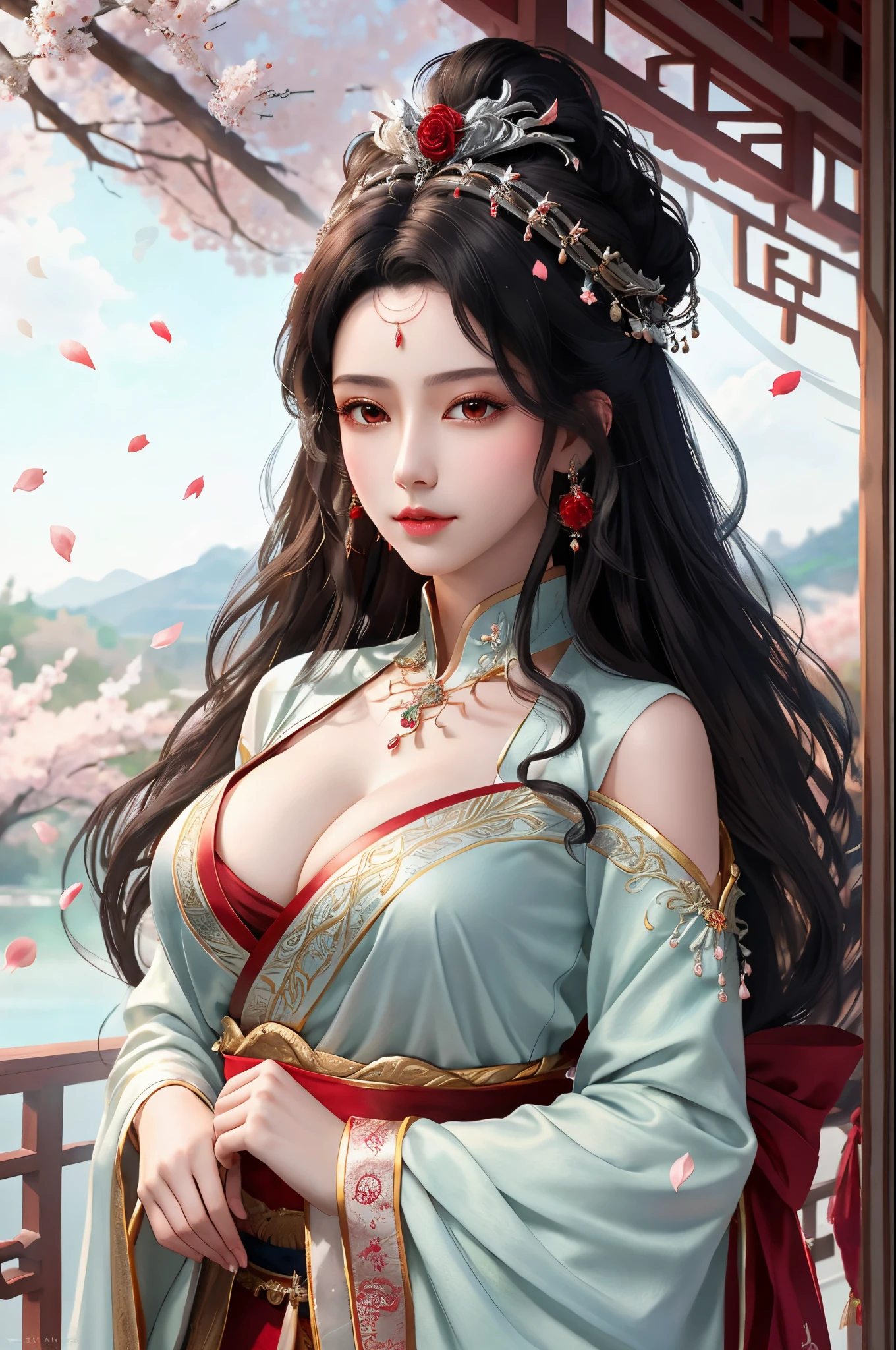 (extremely detailed CG unity 8k wallpaper,masterpiece, best quality, ultra-detailed),(best illumination, best shadow, an extremely delicate and beautiful), 1 lady (solo), bride, pretty face, detailed face, (red eyes). deatiled eyes, rosy skin, big round breast, exposed breasts, (full body: 0.5), Sexy, attractive body, slim, (Black curly hair tied half way up the head), hair covering one side, hairpin, (detailed hand), a beautiful fantasy empress, ((a beautiful fantasy empress)), palace, a girl in hanfu, (red dress), trending on cgstation, 🌺 cgsociety, artwork in the style of guweiz, Chinese style, Chinese palace background, (looking at viewer: 1.2), beautiful digital artwork, 8k high quality detailed art, walking, Falling petals, many falling petals