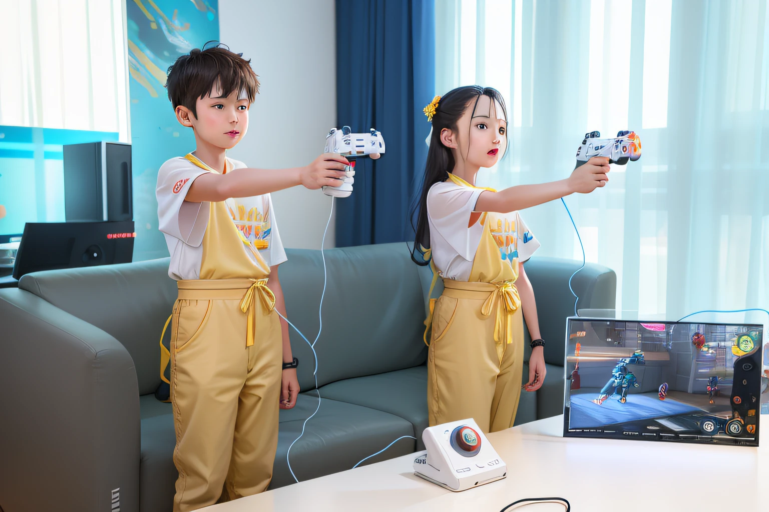 They are playing video games together in the living room, toy advertising photos, Twins playing video games, next gen, ruan jia and fenghua zhong, yanjun chengt, High-resolution scanning, High-resolution scanning, Easy to use, heads, outstanding, product introduction photos, Live photos, dynamic contrast, Bottom corner, with electric arc device