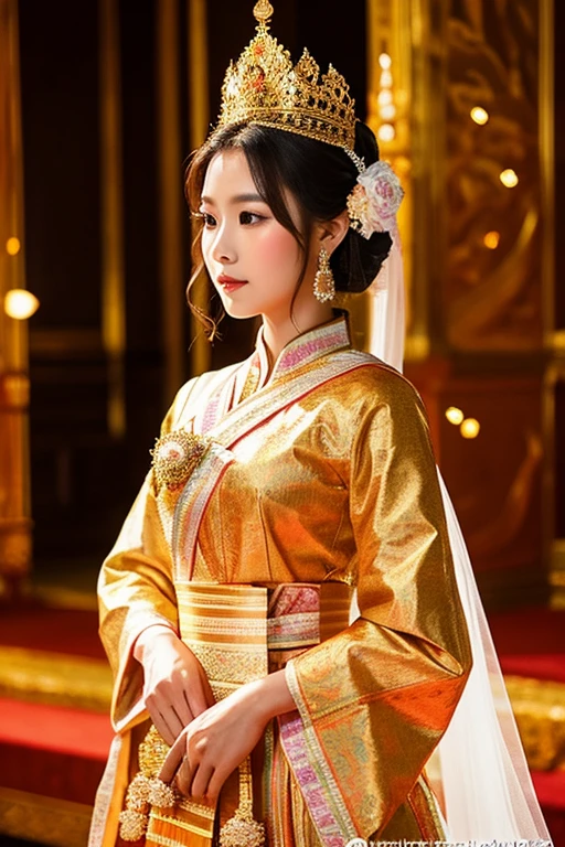 Create an image of a Thai princess at a wedding ceremony on 1,000 years ago, beautiful and dressed in royal costumes of that time The use of colors and patterns consistent with the culture and traditions of the time. In both the atmosphere of the beautiful ceremony and the beautiful calm mood."