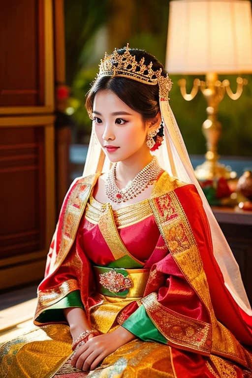 Create an image of a Thai princess at a wedding ceremony on 1,000 years ago, beautiful and dressed in royal costumes of that time The use of colors and patterns consistent with the culture and traditions of the time. In both the atmosphere of the beautiful ceremony and the beautiful calm mood."