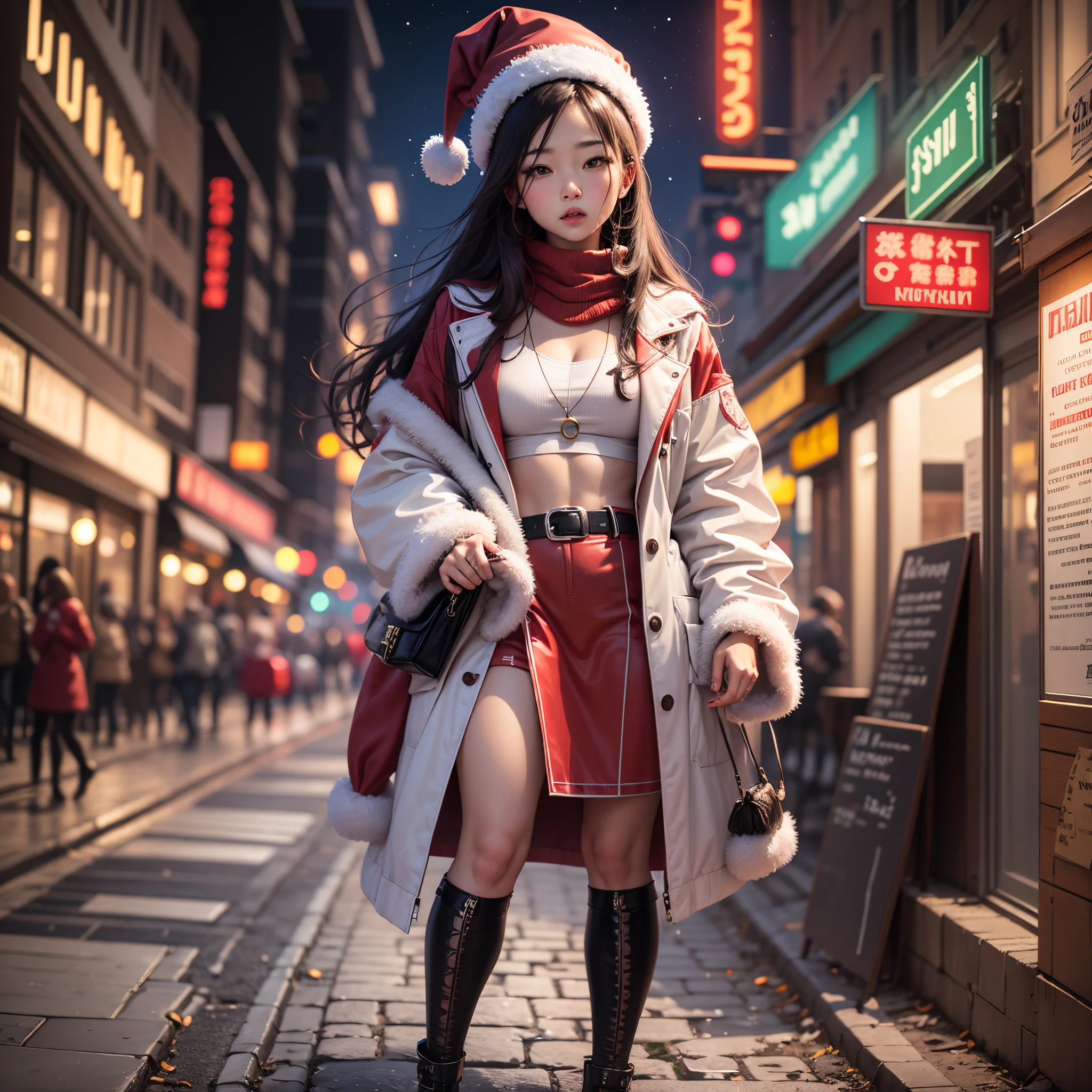 of Young Women、Brown hair、nice style and big booniskirt santa costume、Snowy background in the night sky、Christmas neon lights in town、Full body style、 --auto --s2