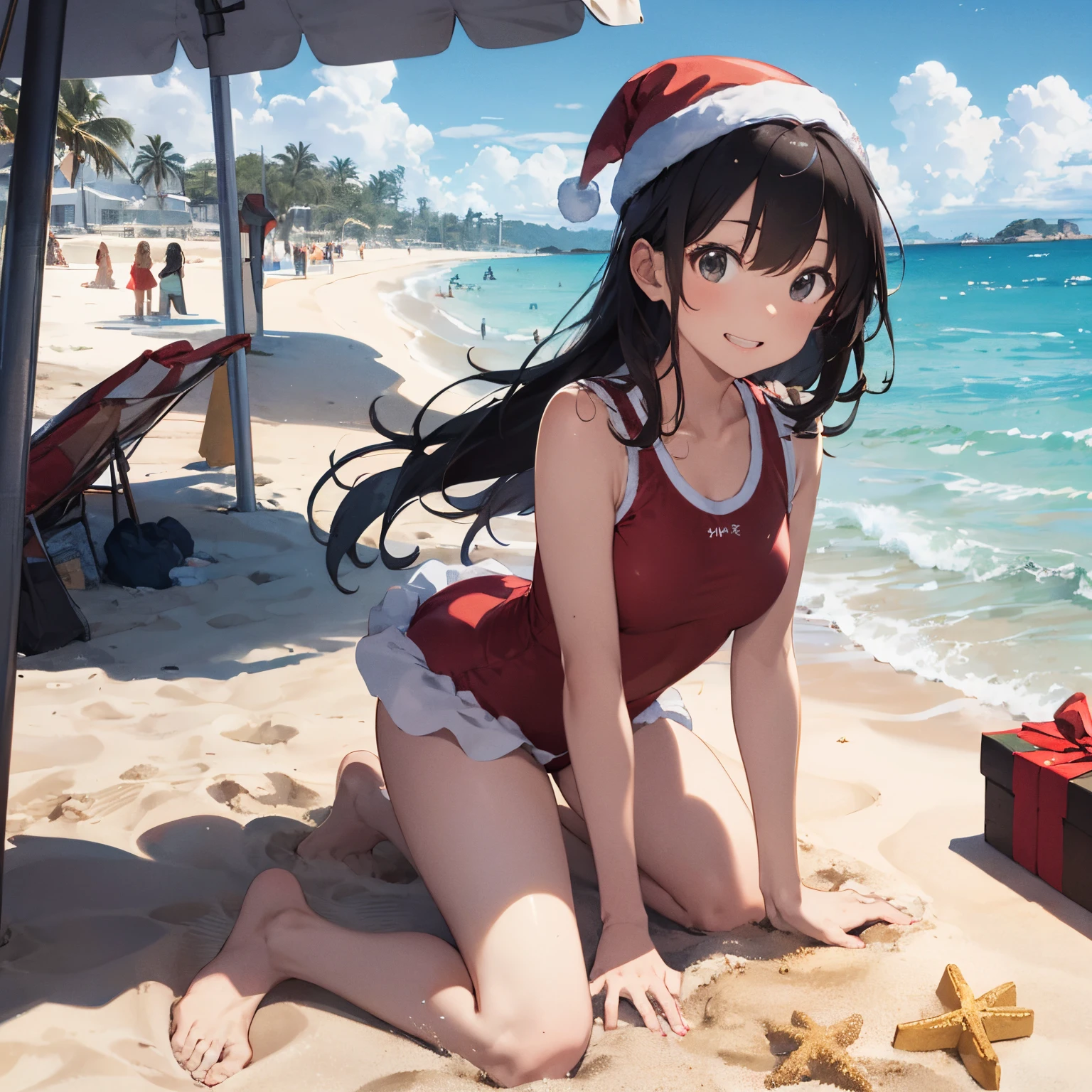 Got it。Generate an image with a prompt like below。
high-level image quality、8k,4k,「Depicts a cute girl in a Christmas-themed cosplay on the beach。She is wearing a Santa Claus style red and white swimsuit.、He also wears a small Santa hat.。She is bright、He looks like he's having fun、Some Christmas decorations are scattered on the sandy beach。In the background is a clear blue sky and the sea.。」