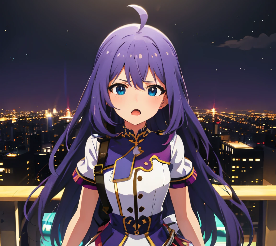 {{{{{mochizuki anna}}}}},1girl,solo,long hair,purple hair,small_ahoge,blue eyes.short stature.idol clothes.skirt.(((masterpiece))).(((best quality))).((ultra-detailed))).(((illustration))).night view.small Breasts.up chest.Sad face.open mouth