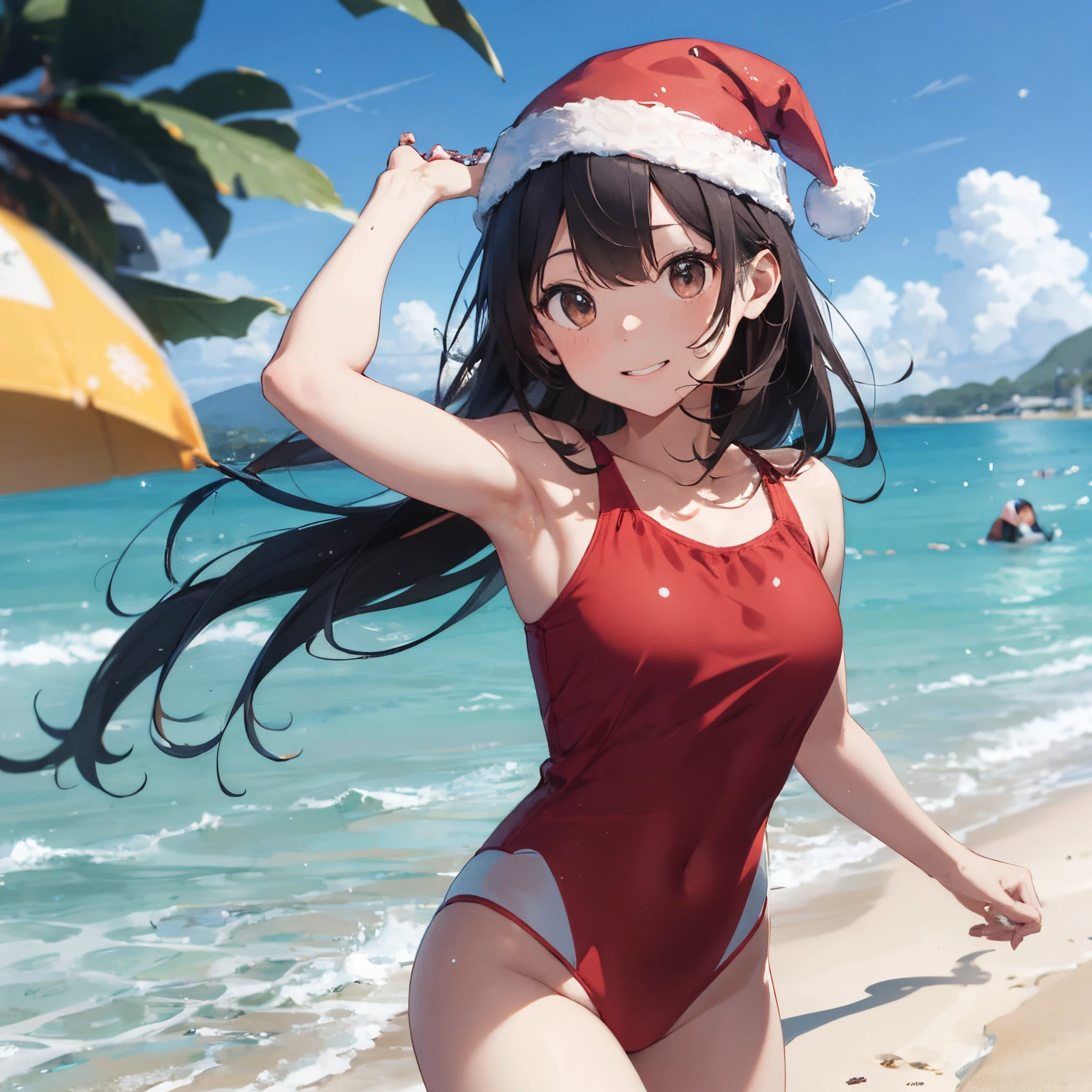 Got it。Generate an image with a prompt like below。

high-level image quality、8k,4k,「Depicts a cute girl in a Christmas-themed cosplay on the beach。She is wearing a Santa Claus style red and white swimsuit.、He also wears a small Santa hat.。She is bright、He looks like he&#39;s having fun、Some Christmas decorations are scattered on the sandy beach。In the background is a clear blue sky and the sea.。」