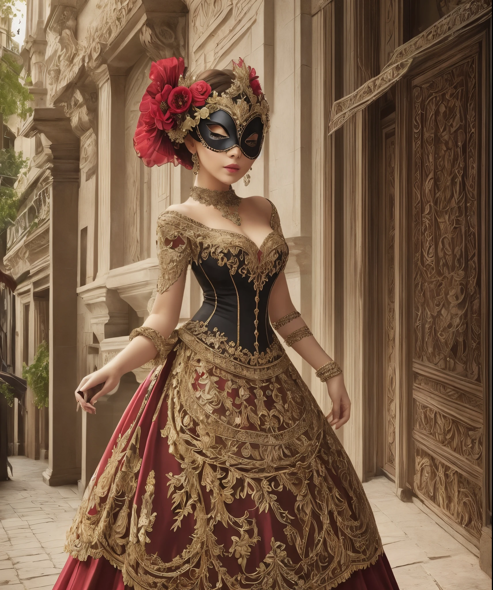 Butterfly motif、green and red tones、Vibrant colors、((​masterpiece)))、(((top-quality)))、((ultra-detailliert))、(A hyper-realistic)、(highly detailed CGillustration）、Official art、Paris at the beginning of the 20th century、Decadent、Madame Papillon、Cool Beauty、Masquerade、refinemenegance、Gorgeouasks that cover most of the face、Colorful and detailed mask design、matchless beauty、Fans、gorgeous dress、jewely、Female Solo、Perfect Angle、perfect-composition、full body Esbian --auto --s2