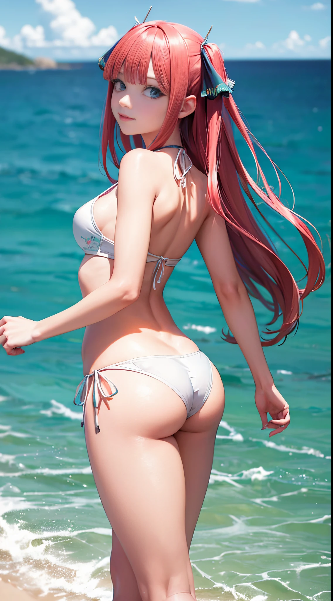 (Obra maestra, Vibrante escena de playa:1.2), (miku nakano:1.5) , (Enjoying a sunny day:1.1), (con un bikini blanco de tanga:1.4), (Well-endowed bust and curvilinear melt:1.4) , (cuerpo proporcional a pesar de su baja estatura:1.1), (Photograph taken from behind to highlight your buttocks:1.5) , (Slowly turning to look at the camera:1.2), (playful expression:1.1), (capturando su belleza y confianza:1.1), (Ambiente junto al mar:1.1), (Refreshing ocean waves:1.1) hiperdetallado, Detalles locos, bellamente graduado de color, Motor irreal, DOF, Super-Resolution,Megapixel, Cinematic Lightning, Antialiasing, FKAA, TXAA, RTX,SSAO,Procesamiento posterior, Post Production, Mapeo de tonos, .cgi, VFX, SFX, insanely detailed and intricate , Hiper maximalista, hiperrealista, volumetic, fotorrealista, ultra fotorrealista, Ultra detallado, Detalles intrincados,8k, Super detailed , a todo color, volumetric illumination, HDR, realista, Motor irreal, 16k, foco nítido. Renderizado de octanaje