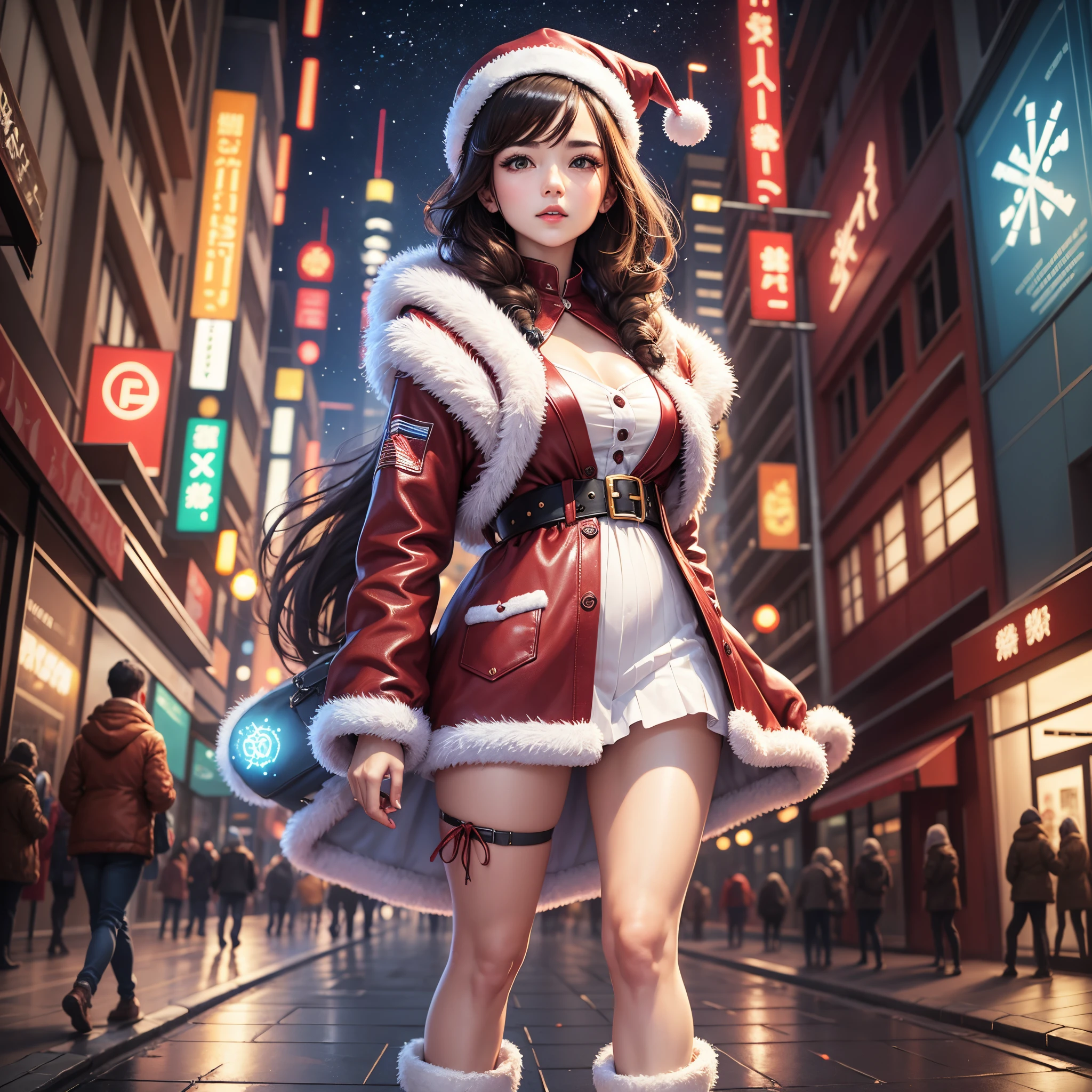 of Young Women、Brown hair、nice style and big booniskirt santa costume、Snowy background in the night sky、Christmas neon lights in town、Full body style、 --auto --s2