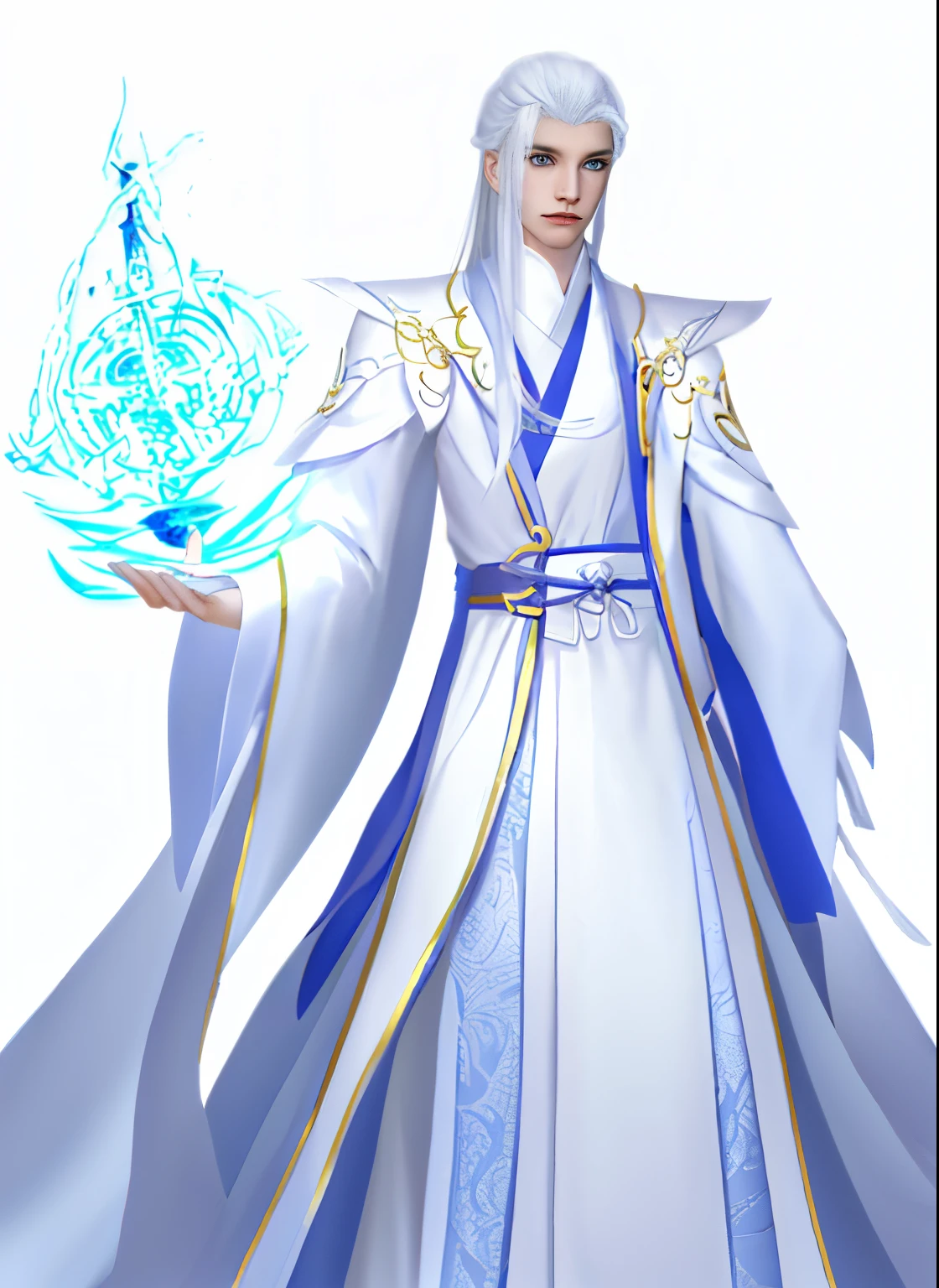 Wallpaper of a man wearing white and blue clothes,sharp look,Eye focus,Overbearing man, heise jinyao, full body xianxia, Cotton Mist Mage Robes, Exquisite androgynous prince, Inspired by Bian Shoumin, cloud mage robes, Inspired by Huang Shen, Wearing the robes of a Star Mage, skinny male mage, skinny male fantasy alchemist, Flowing magic robes,white backgrounid,