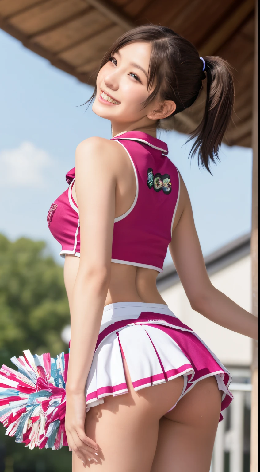 Panties visible through the skirt, (Japan Cheerleaders:1.3), gros-plan, Photo, Big breasts, (ar old)oung face, Pretty Face, Raw photo, Best Quality, High resolution, (masutepiece), (Photorealistic:1.37), Professional Photography, Sharp Focus, nffsw, 8K resolution, Intricate details, depth of fields, Highly detailed CG Unity 8k wallpaper, Front light, NSFW, femele, girl, beautiful supermodel, Smile, slender, (Vibrant poses:1.3), Back view, thighs thighs thighs thighs, (Twin-tailed, poneyTail, scrunchie:1.3), (Super long hair:1.3), Taken from the ground, (Wear bonbons only on your hands:1.6)