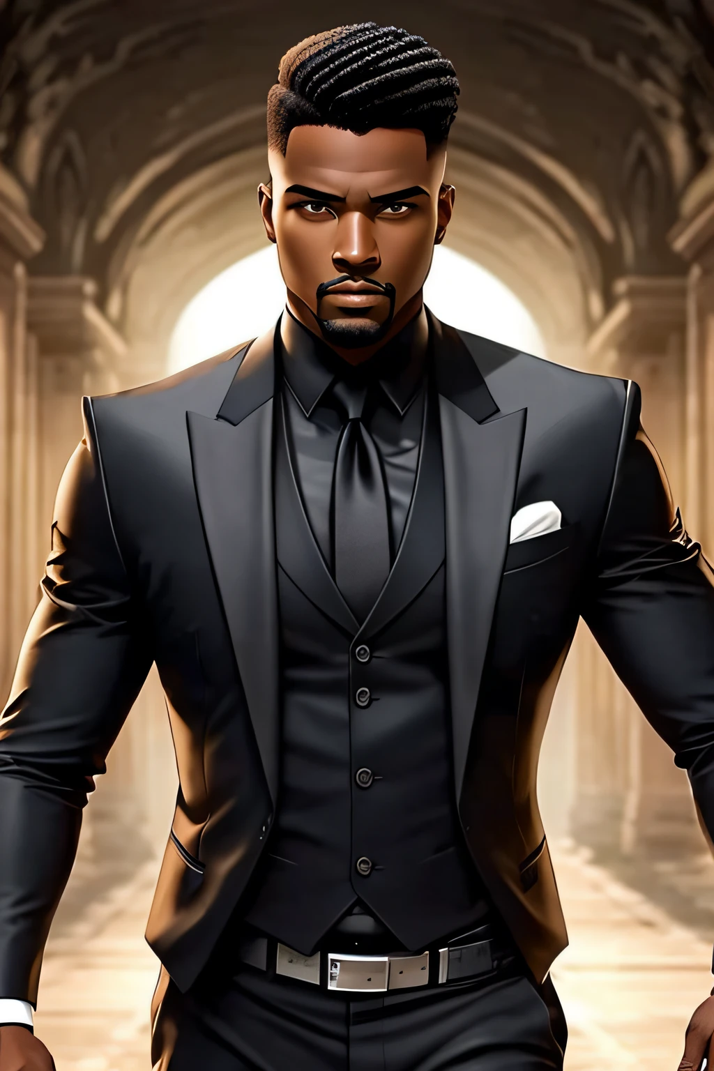 um homen negro de terno classico de cabelos curto corte americano em um ambiente apocalyps