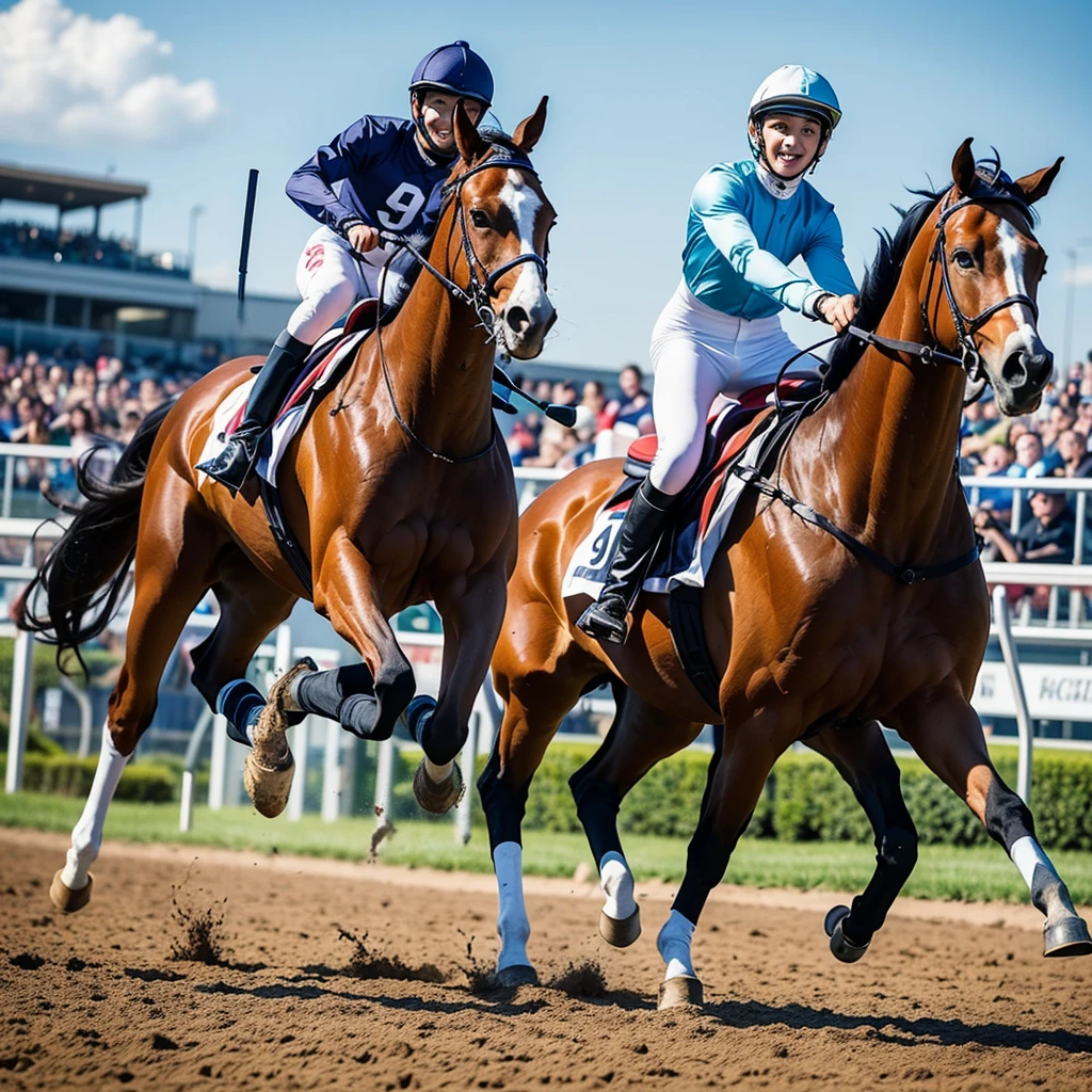 (young man are Excited Fever Crazy atmosphere horse racing jockey with dark hait:1.2), full body, look of delight, 
(He is galloping on a White unicorn pegasus with sky blue hair),
(he wears Horse Rider's colorful Costume and Rider's cap:1.4), 
Dynamic action horse riding,
Turf Course at the Racecourse in full swing, 
Lots of spectators, (Gale speed and Turf Effects)