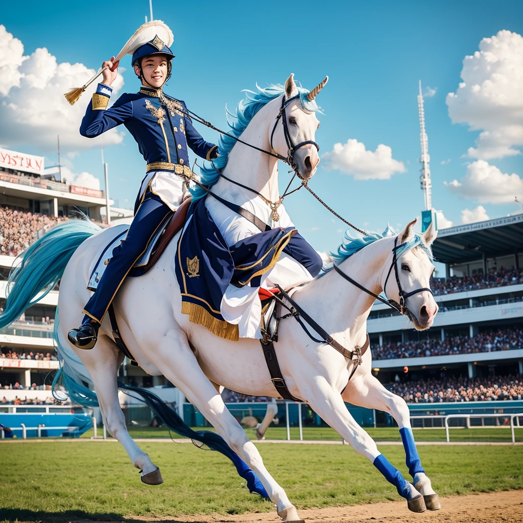 (young man are Excited Fever Crazy atmosphere horse racing jockey with dark hait:1.2), full body, look of delight, 
(He is galloping on a White unicorn pegasus with sky blue hair),
(he wears Horse Rider's colorful Costume and Rider's cap:1.4), 
Dynamic action horse riding,
Turf Course at the Racecourse in full swing, 
Lots of spectators, (Gale speed and Turf Effects)