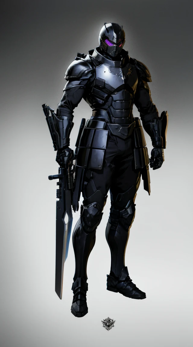 Homem&com.black armor with long-barreled weapon in hands