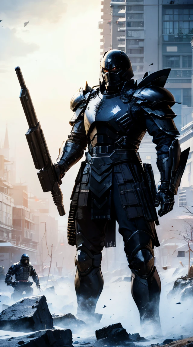 Homem&com.black armor with long-barreled weapon in hands