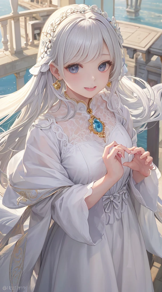 masterpiece、Good anatomy、(Hands are precise)、(extremely delicate and beautiful:1.2)、
8K分辨率、
(best_quality:1.0)、
1人、(From diagonally above:1.2)、
Intricate details、Enlarged texture、
intricate-detail、grin、A detailed face、
intricate detailes、white hair、braid from the bottom、feather、plump lips、flower shaped earrings、
perfect eyes、Equal eyes、Warm eyes、goddes、Gentle gaze, Perfect body、ighly detailed、Wearing a beautiful dress、A Princess、jewely、Bring your arms forward、Cute little bird on your fingertips、The needle is accurate、Detailed fingertips、balconies、morning fresh air