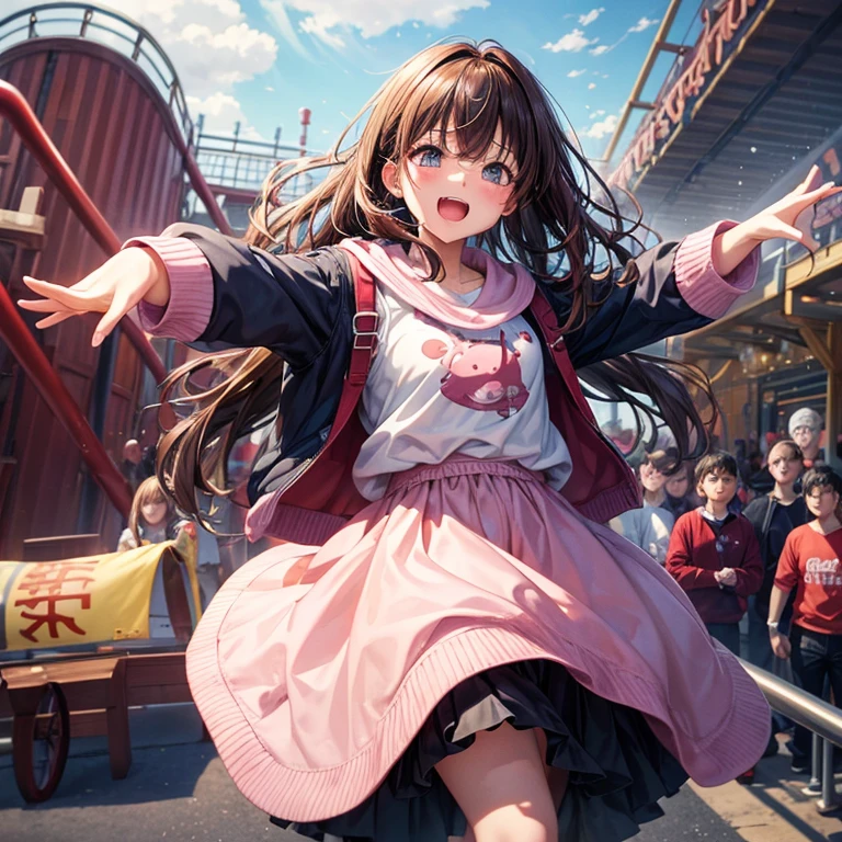 top-quality, hight resolution, 8K images,best qualtiy,hight resolution、A woman who is cute no matter who sees her、Stain cheeks red、Detailed CG background、brown haired, a short bob、Absolute area、(Illustration ratio:1.1)、An amusement park、Riding a roller coaster、pink winter knit、Black slacks、Long sleeves、hight resolution、foco nítido、scream on roller coaster