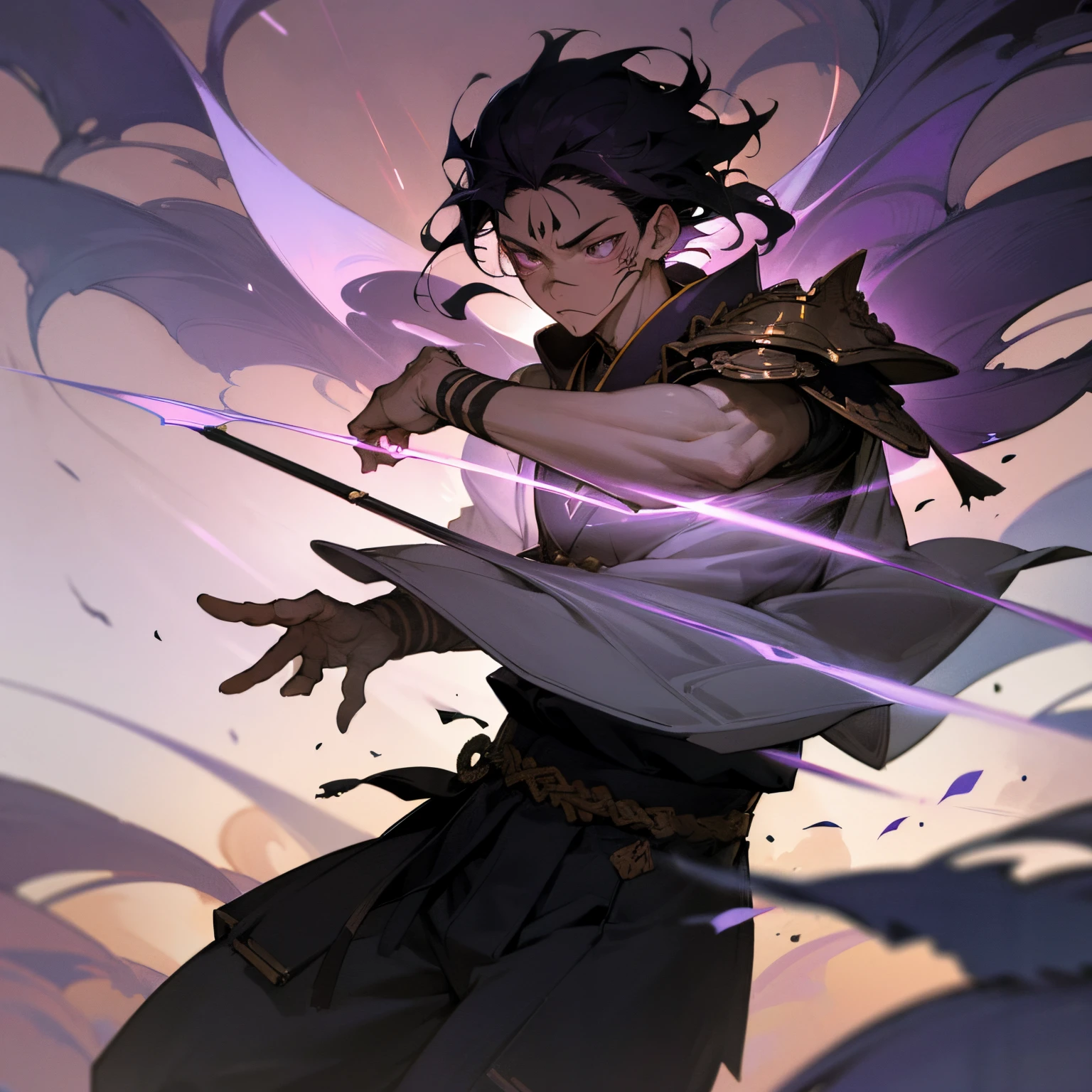 (best quality,4k,8k,highres,masterpiece:1.2),ultra-detailed,messy black hair,purple eyes,white haori,young male,temple background,ninja clothing,armor piece,illustration,sharp focus,detailed facial features,imposing presence,vivid colors,portraits,wispy smoke,faint rays of sunlight,dramatic lighting,captured in mid-action,stoic expression,crouching in a defensive pose,wisps of hair flying in the wind,dynamic composition,detailed temple architecture,subtle textures,ethereal atmosphere,powerful and confident stance,contrasting shadows,subtle gradient of purple hues,splashes of gold accents,grand-scale artwork,traditional Japanese elements,aesthetic appeal,complex clothing folds,meticulously crafted armor,ornate patterns and designs,impressive skill with katana,tense atmosphere,expressive eyes and facial features