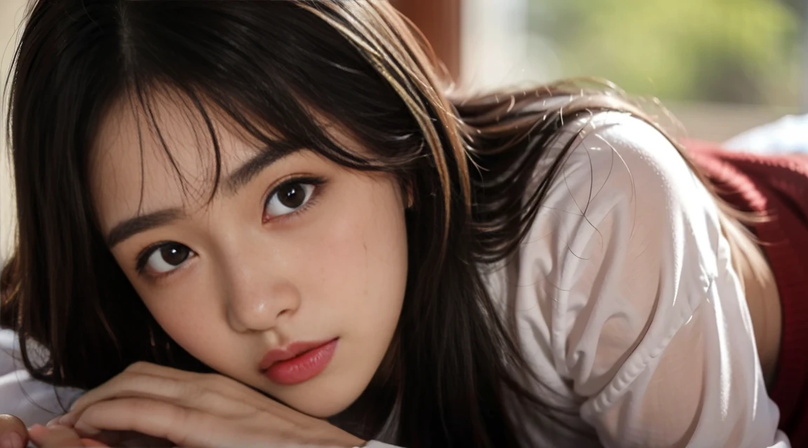 Innocent,female high-school student,Medium-length hair,Double eyelidd,large eyes,long eyeslashes,photorealistic texture,sweat face,4k,The feeling of first love,