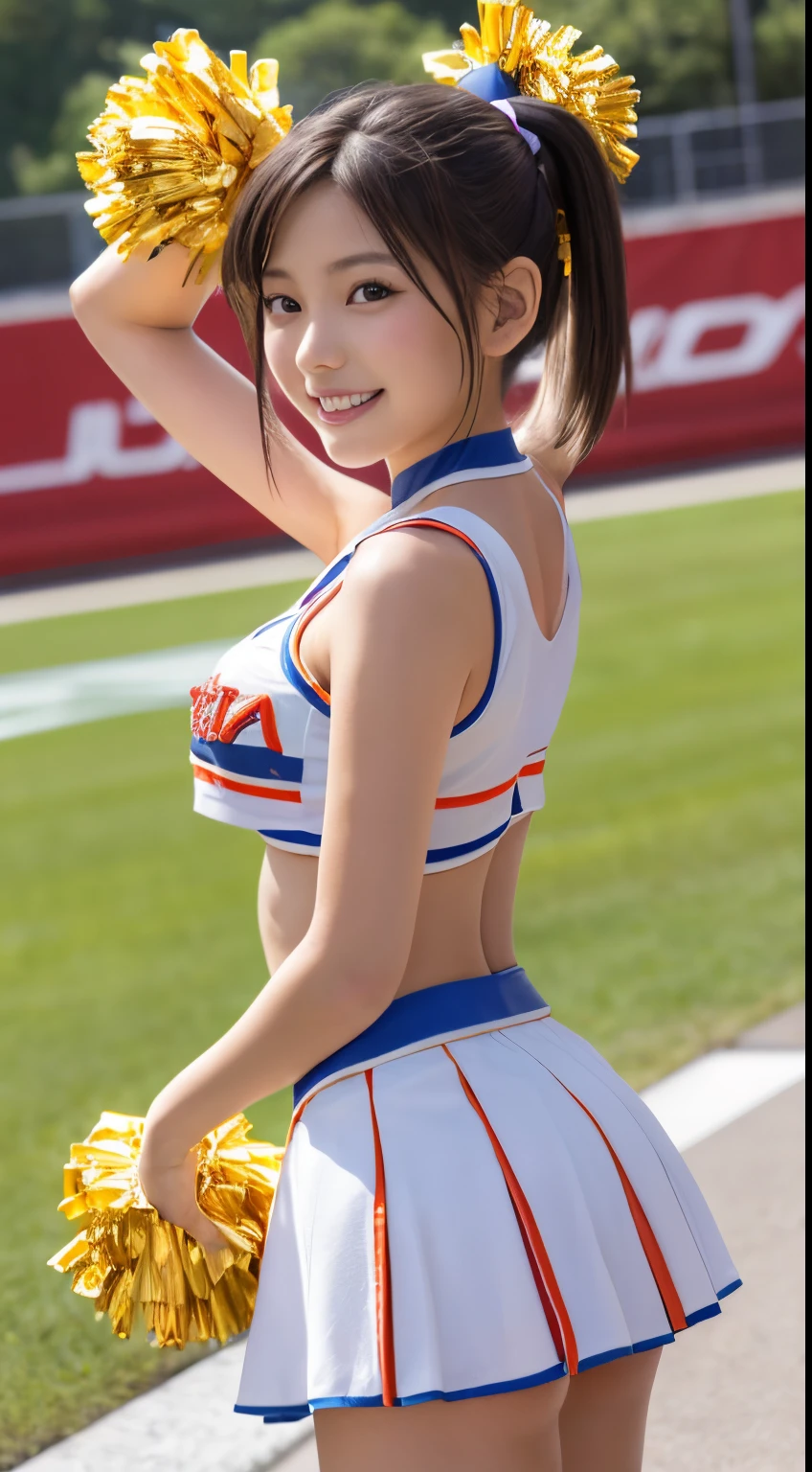 Front Body Shot:1.9, grin and laugh:1.3, blush:1.2, field athlete, Standing on the athletics stadium, spread your legs:1.5, Standing facing forward:1.9, looking at the viewer, Wearing a seamless separate field uniform, tight fit panties, camel toe:1.8, short torso:1.3, thin, medium breasts, belly button, ((thin:1.3)), ((medium hair)), (((small ass))), parted bangs, (highest quality, 8K, 32K, masterpiece, UHD:1.2),Photo of Pretty Japanese girls(Japanese:1.2), realistic,(:1.2),(highest quality, 8K, 32K, masterpiece, UHD:1.2),Photo of Pretty Japanese girls(Japanese:1.2)