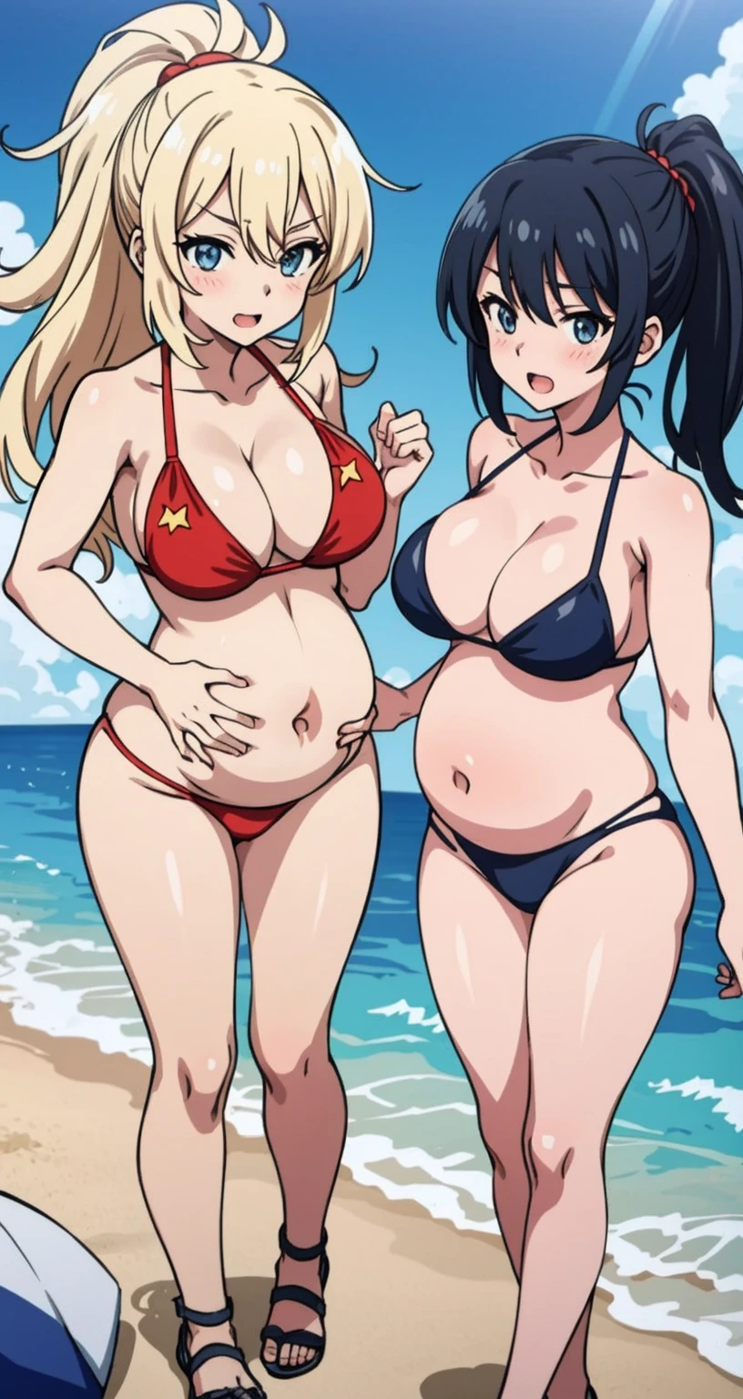 Three sexy women in bikinis standing on the beach near the sea, ECCHI anime style, eechi, On the sandy beach, on a sunny beach, On the sandy beach, Anime manga girl, oppai, stranding, in beach, Oppein Proportions, commissions for, fleet style, On the sandy beach, at a tropical beach, ecchi style,pregnant women with