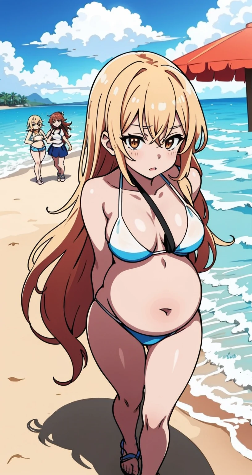 Three sexy women in bikinis standing on the beach near the sea, ECCHI anime style, eechi, On the sandy beach, on a sunny beach, On the sandy beach, Anime manga girl, oppai, stranding, in beach, Oppein Proportions, commissions for, fleet style, On the sandy beach, at a tropical beach, ecchi style，pregnant women with