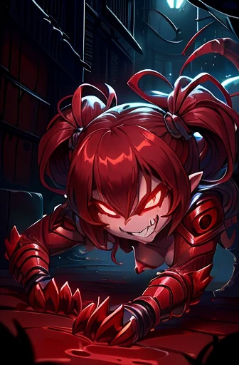 women, red head, night, (sly smile), (lip bite), dark alley, small breasts, fangs, glowing red eyes, ((red liquid)), pigtails, demonic body suit, ((visible ribcage)), crawling from shadows, clawed gauntlet reaching out,