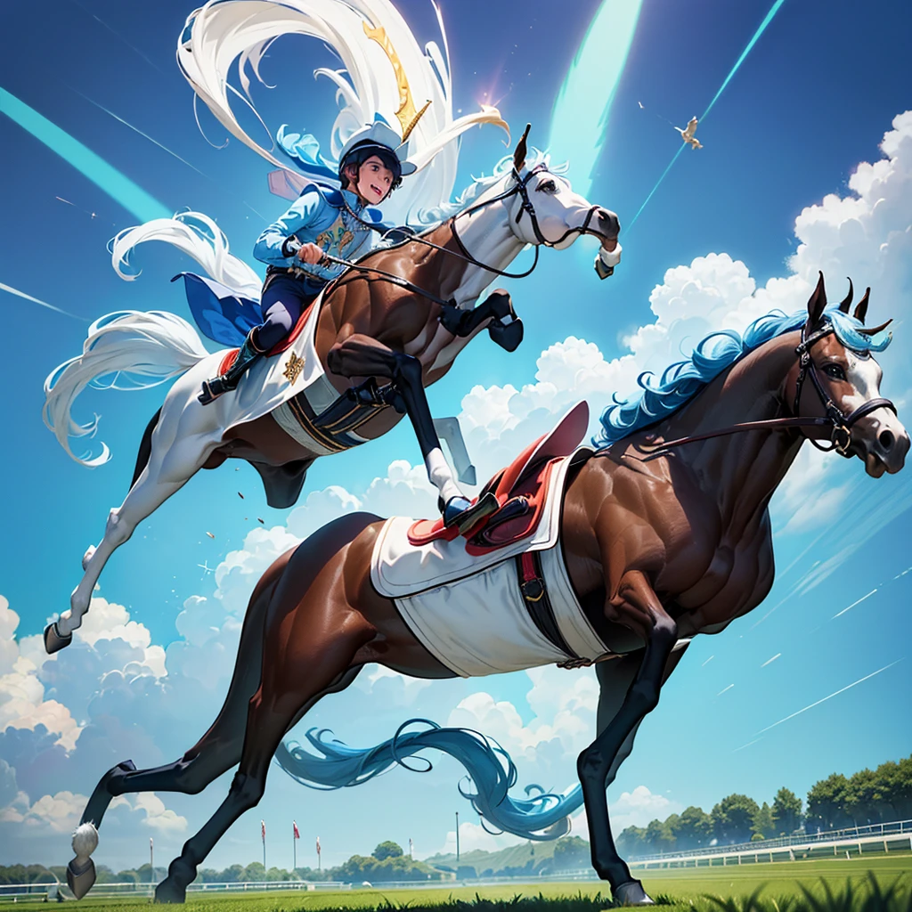 (young man are Excited Fever Crazy atmosphere horse racing jockey with dark hait:1.2), full body, look of delight, 
(He is galloping on a White unicorn pegasus with sky blue hair),
(he wears Horse Rider's colorful Costume and Rider's cap:1.4), 
Dynamic action horse riding,
Turf Course at the Racecourse in full swing, 
Lots of spectators, (Gale speed and Turf Effects)
