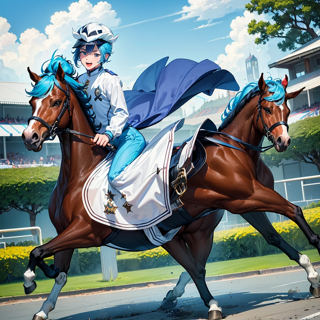 (young man are Excited Fever Crazy atmosphere horse racing jockey with dark hait:1.2), full body, look of delight, 
(He is galloping on a White unicorn pegasus with sky blue hair),
(he wears Horse Rider's colorful Costume and Rider's cap:1.4), 
Dynamic action horse riding,
Turf Course at the Racecourse in full swing, 
Lots of spectators, (Gale speed and Turf Effects)