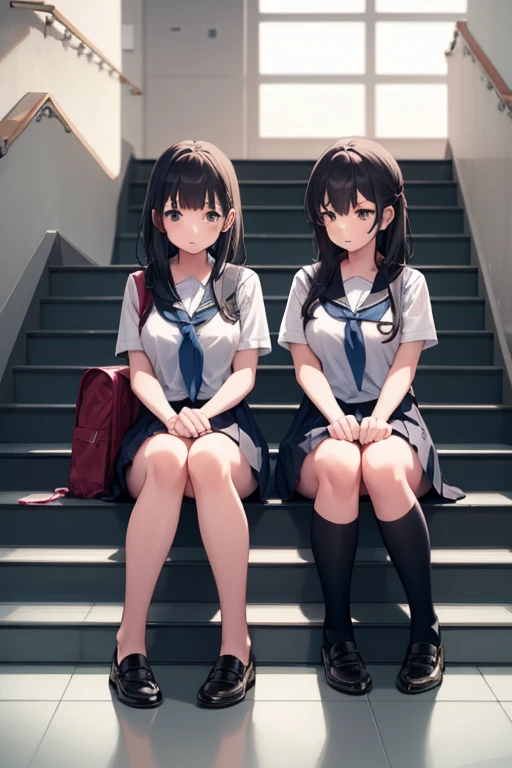 1girl in, School stairs, School uniform, Multiple girls, Sitting, 2girls, School bag,, masutepiece, Best Quality, Highly detailed