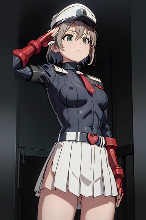 Masterpiece, Best Quality, Highly detailed, illustration, absurdres, street fighter, doll suit, shadaloo doll, dollsuit, girls, multiple girls, expressionless, nazi saluting, military, military saluting, salute, blank eyes, looking at viewer, red gloves, emotionless, black latex, corrution, mind control, female combatant, full body, hypnotized, unhappy trance, full body suit, leotard, perfect female body, extremely glossy latex, Delmo Uniform, belt, hypnosis, hypnoLora, empty eyes, Mind control device, thigh high, poses, submissive_pose, standing, standing at attention, Slave, collar, gang bang, haigure, slave oufit, full tight leg, hat, skirt, white skirt, Yukimura Aoi, Encouragement of Climb, grey hair, green eyes, short hair, hair_ornament, hairclip,