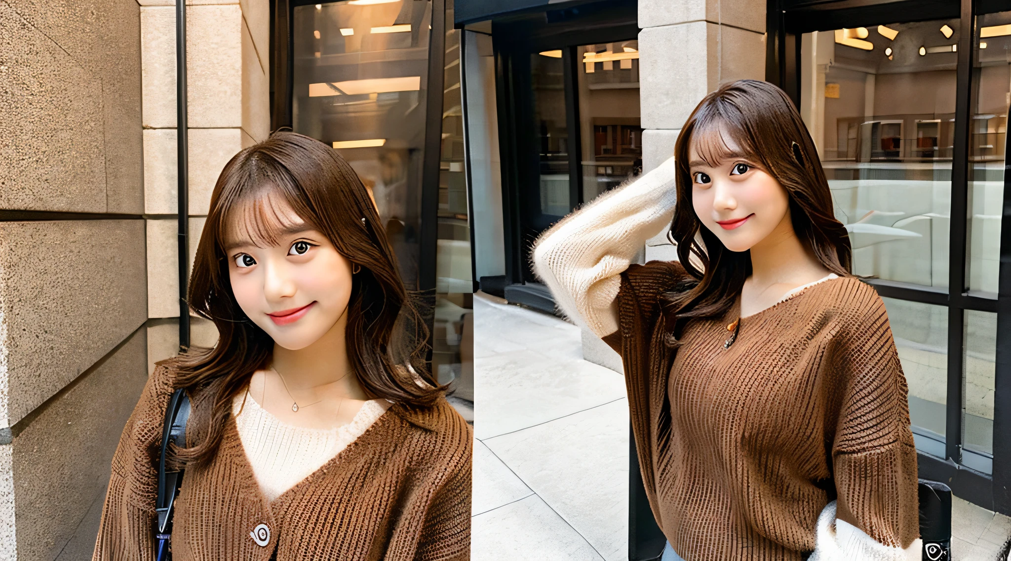 Cute College Girl, 18 years old, She is wearing a brown sweater and miniskirt..