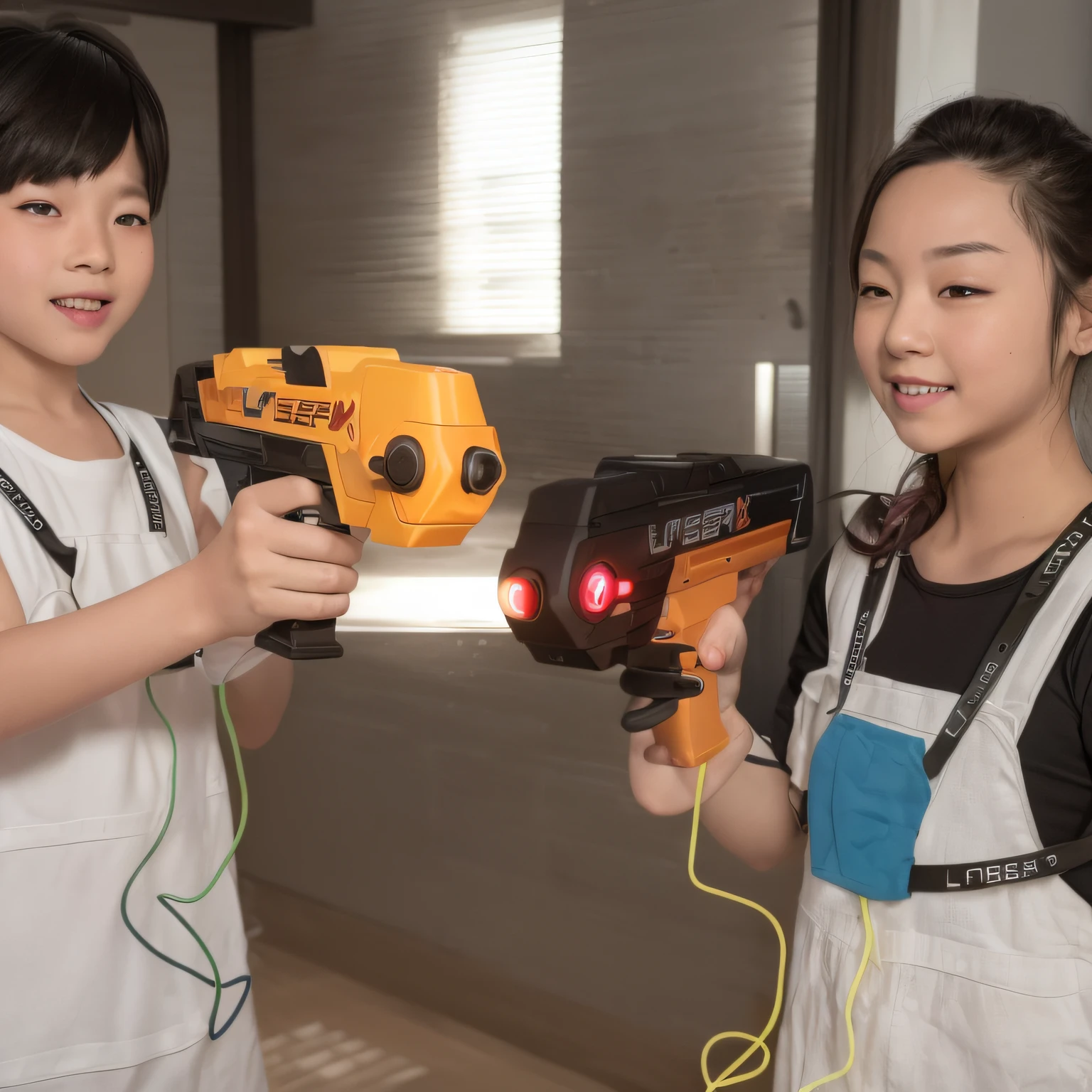 their&#39;Two kids holding nerf guns and video games, laser guns, laser tag, next gen, Carrying a laser gun, laser guns, E-girls, Use laser gun, E-girls, with plasma guns, shooting laser, Laser weapon, portal gun, gen z, Laser cannon, DIY, laser, laser