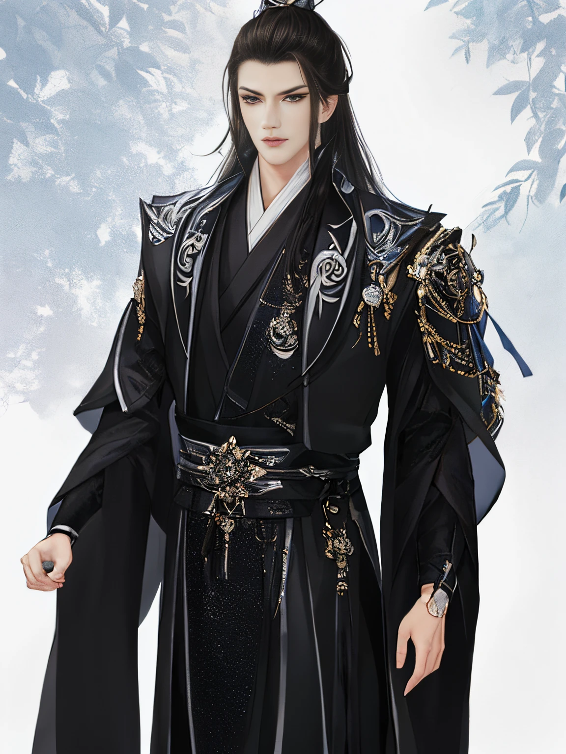 Best quality,tmasterpiece,very detailed wallpaper,1 domineering man,cabelos preto and longolackn clothes,Ranger,Detailed faces,Hua looked at the audience,Hanfu,超高分辨率, hair adornments, white backgrounid,