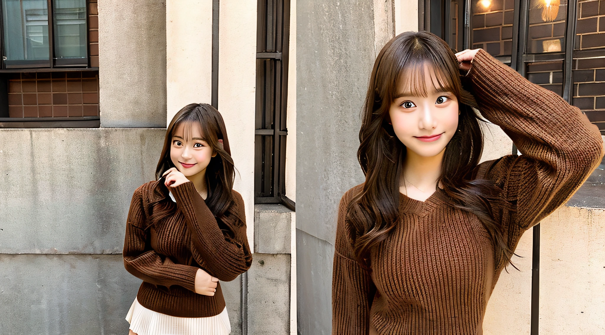 Cute high school girl, 18 years old, She is wearing a brown sweater and miniskirt..