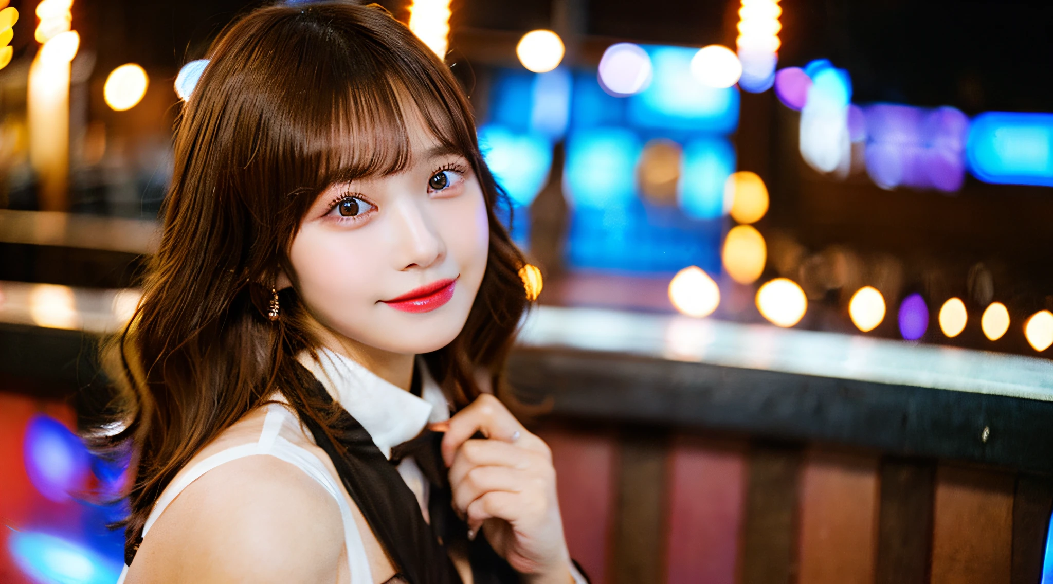 Cute hostess girl, 18 years old, wear a brown miniskirt