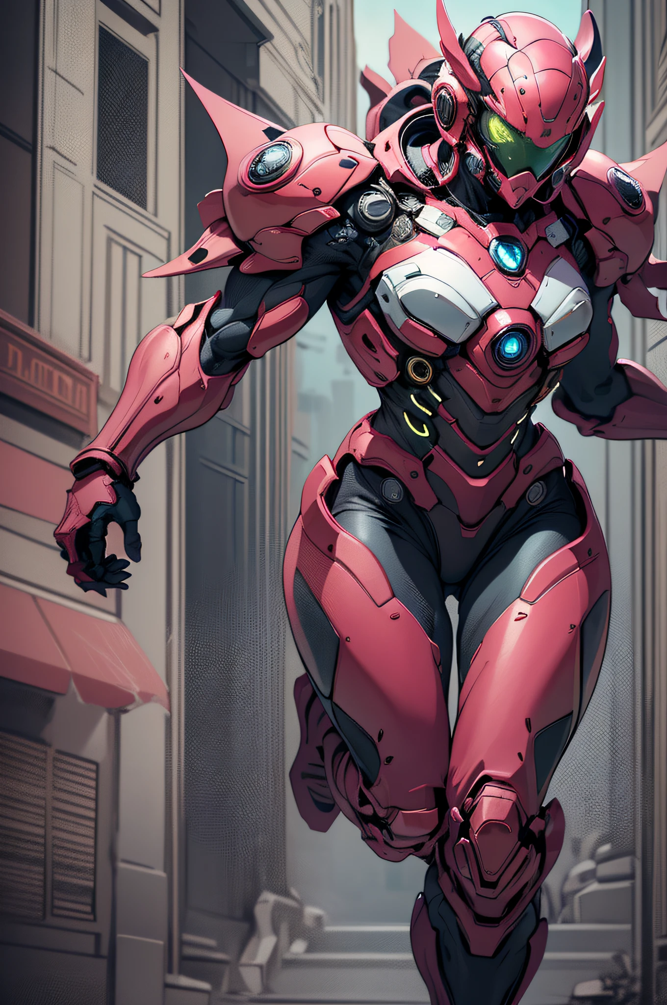 (comic style:1.3), (line art:1.5) (full body shot), robort, serious looking, glowing 4K, Masterpiece, highres, absurdres,photorealistic, , a woman in a suit of armor , futuristic, form fitting armor, red armor, pink details, red helmet, eye shield, breastplate, running moving, watercolor painting, negative space, by jim lee, cinematic, masterpiece, cyberpunk city, detailed background, detailed material textures,