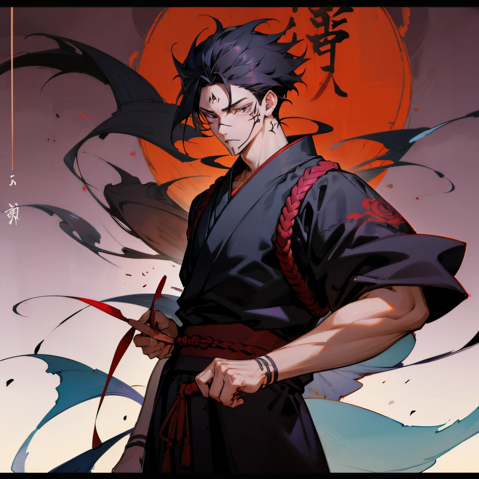 Messy black hair , Purple Eyes , Ninja clothing , Black Haori , 1male , Red Temple background , perfect generation , intricate detail , Extremely detailed background , Masterpiece