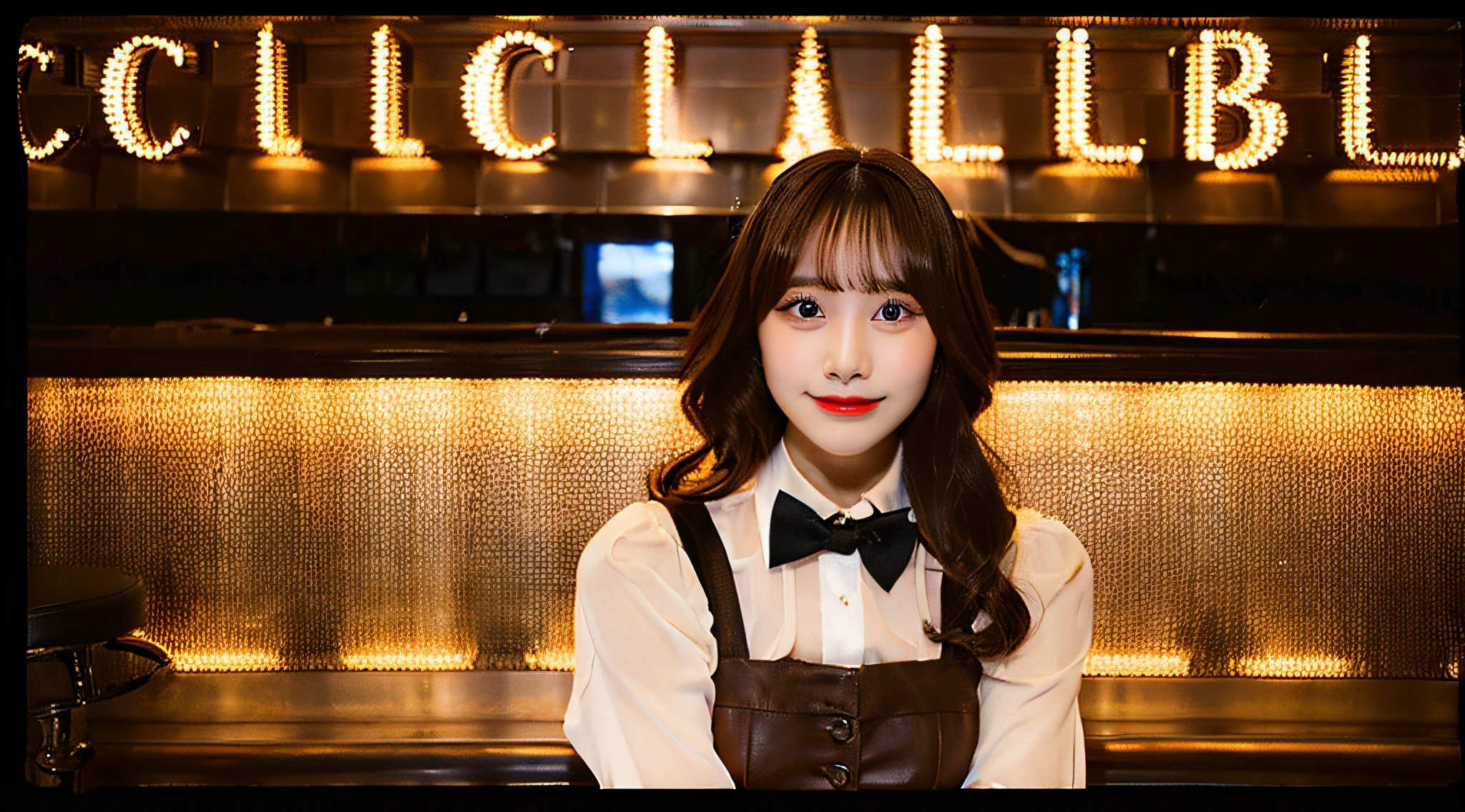 Cute hostess girl, 18 years old, wear a brown miniskirt