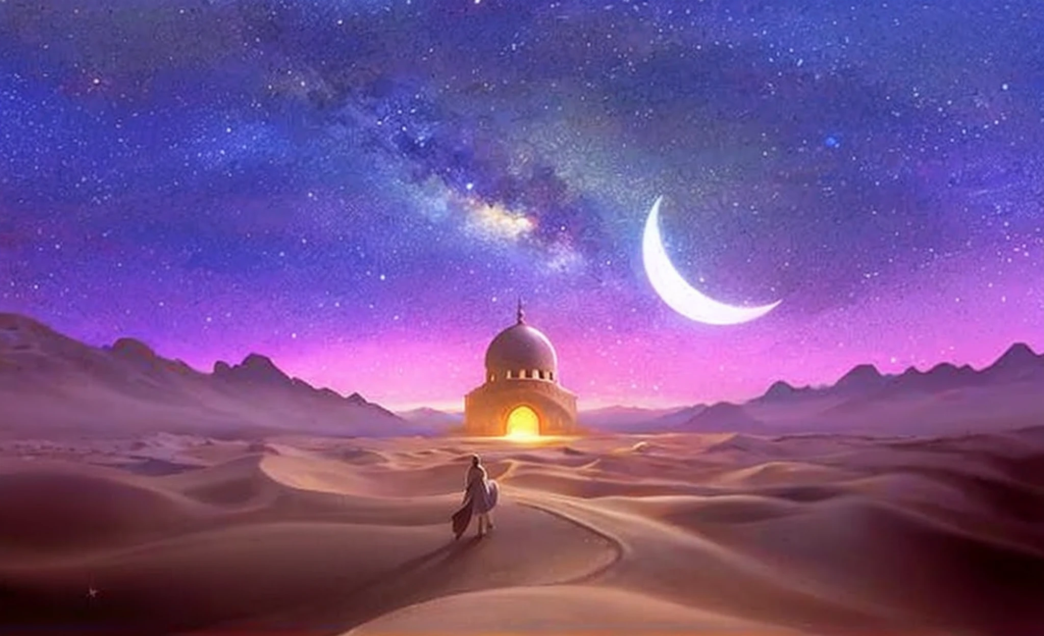 Scene of a man walking towards the crescent moon in the desert,4K,k hd， impossible, impossible, artistically, sand desert fantasy, Arabian Nights inspiration, background artwork, 1001 nights, painting of a dreamscape, Charming and otherworldly, 1 0 0 1 night, fantastical scenes, A mystical environment, stunning images, light kingdom backdrop