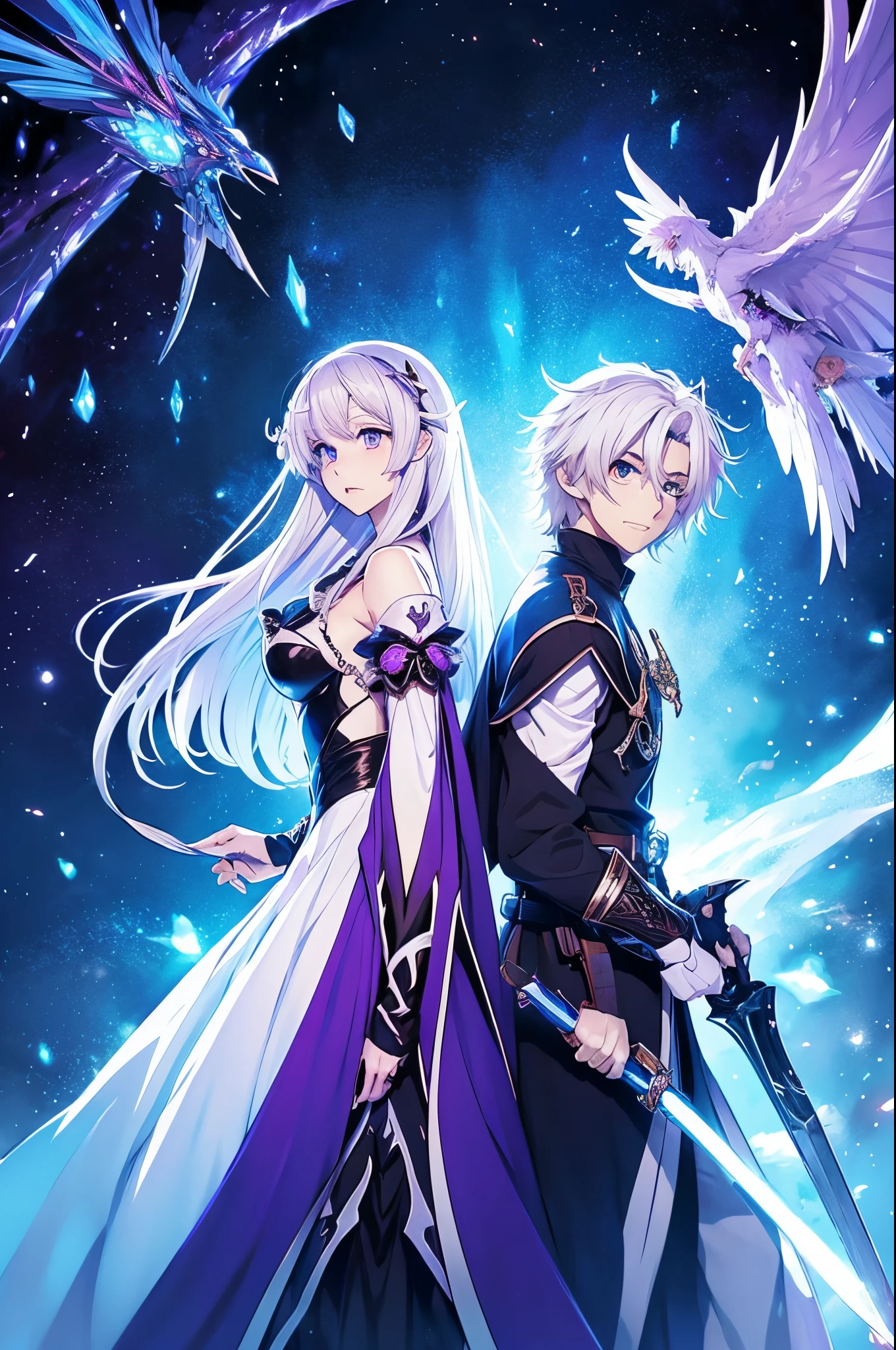 Two anime characters with white hair and blue eyes and purple cloaks, popular isekai anime, official anime artwork, official fan art, Official art, anime in fantasy style, shadowverse style, Detailed key anime art, top 25 fantasy anime series, Isekai, hq artwork, 8K!!, The Three Princes of the Future, anime key art, hero 2 d fanart artsation