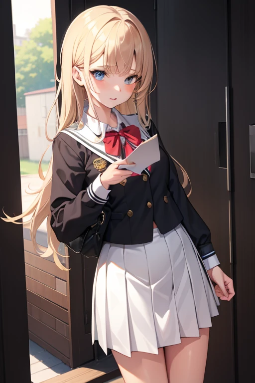 1girl in, Lockser, School uniform, hold a letter,, masutepiece, Best Quality, Highly detailed