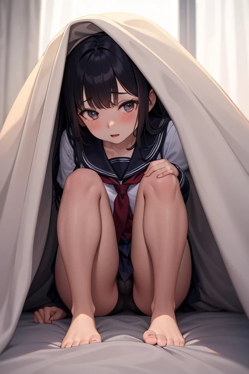 1girl, pose under_covers,under covers,school uniform,